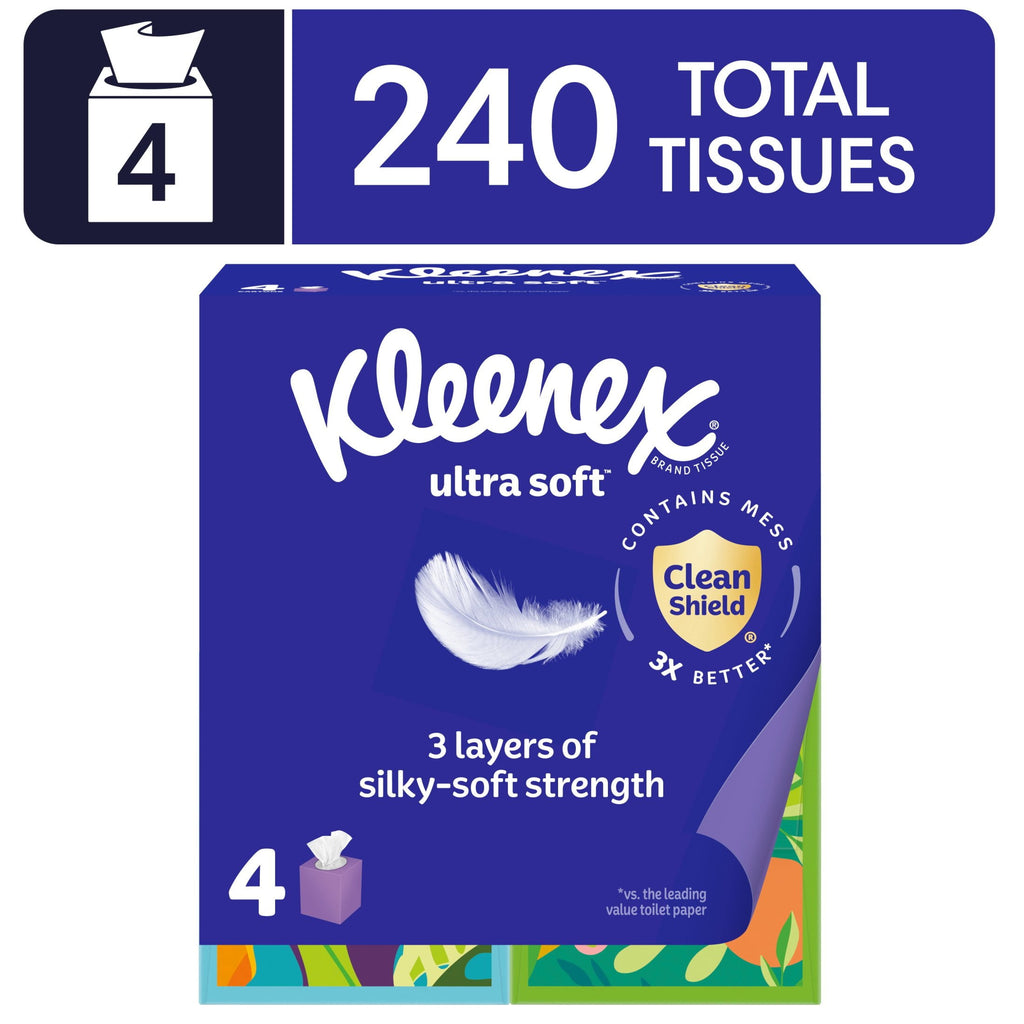 (8 pack) Kleenex Ultra Soft Facial Tissues, 4 Cube Boxes, 60 Tissues per Box, 3-Ply