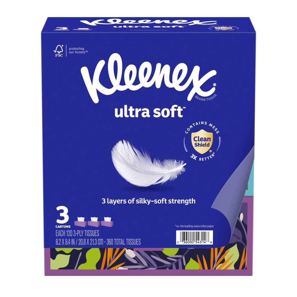 Kleenex Ultra Soft Facial Tissues, 3 Flat Boxes, 120 Tissues per Box, 3-Ply