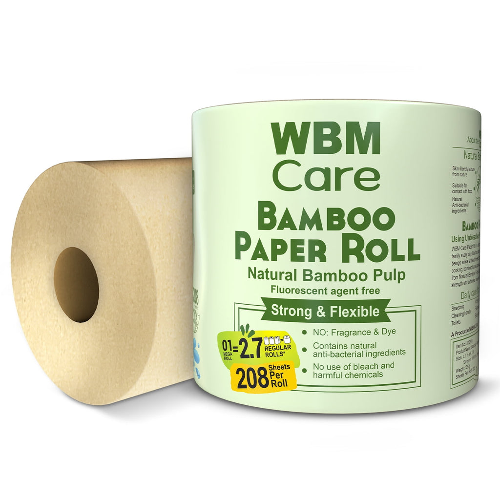 WBM Care Natural Bamboo Toilet Paper, 3-Ply, Unbleached, Tree-Free, 208 Sheets per Roll, 10 Rolls, Soft and Gentle Bath Tissue, Chemical-Free