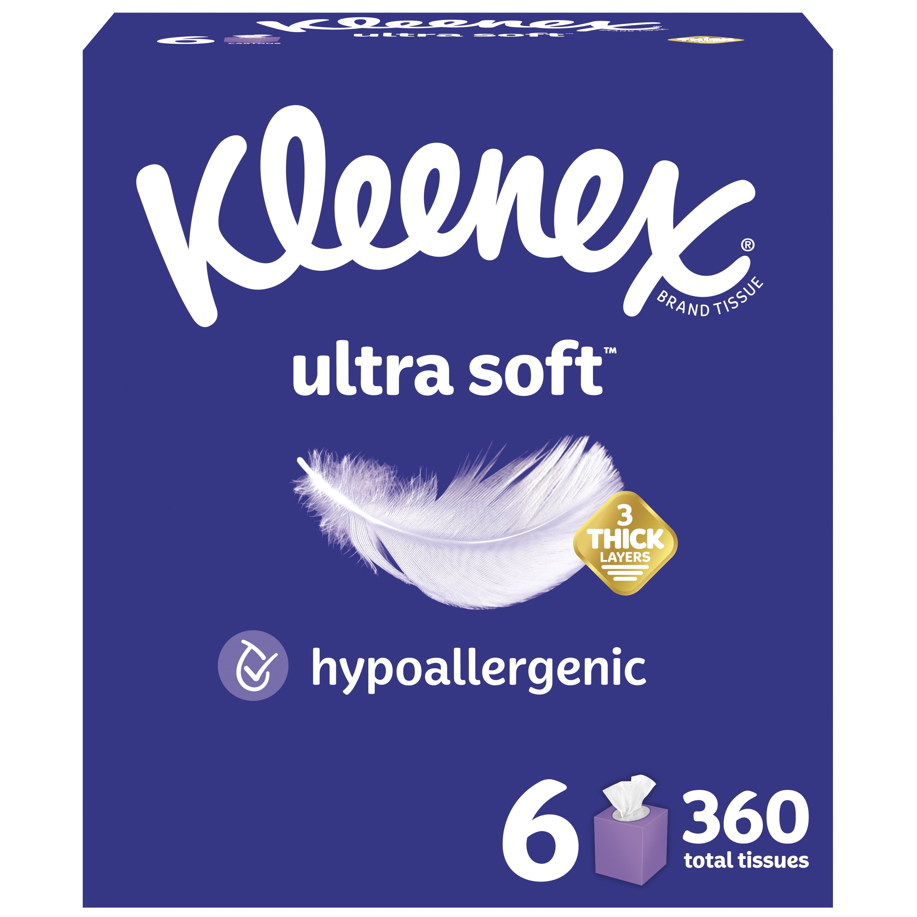 (3 pack) Kleenex Ultra Soft Facial Tissues, 6 Cube Boxes, 60 Tissues per Box, 3-Ply