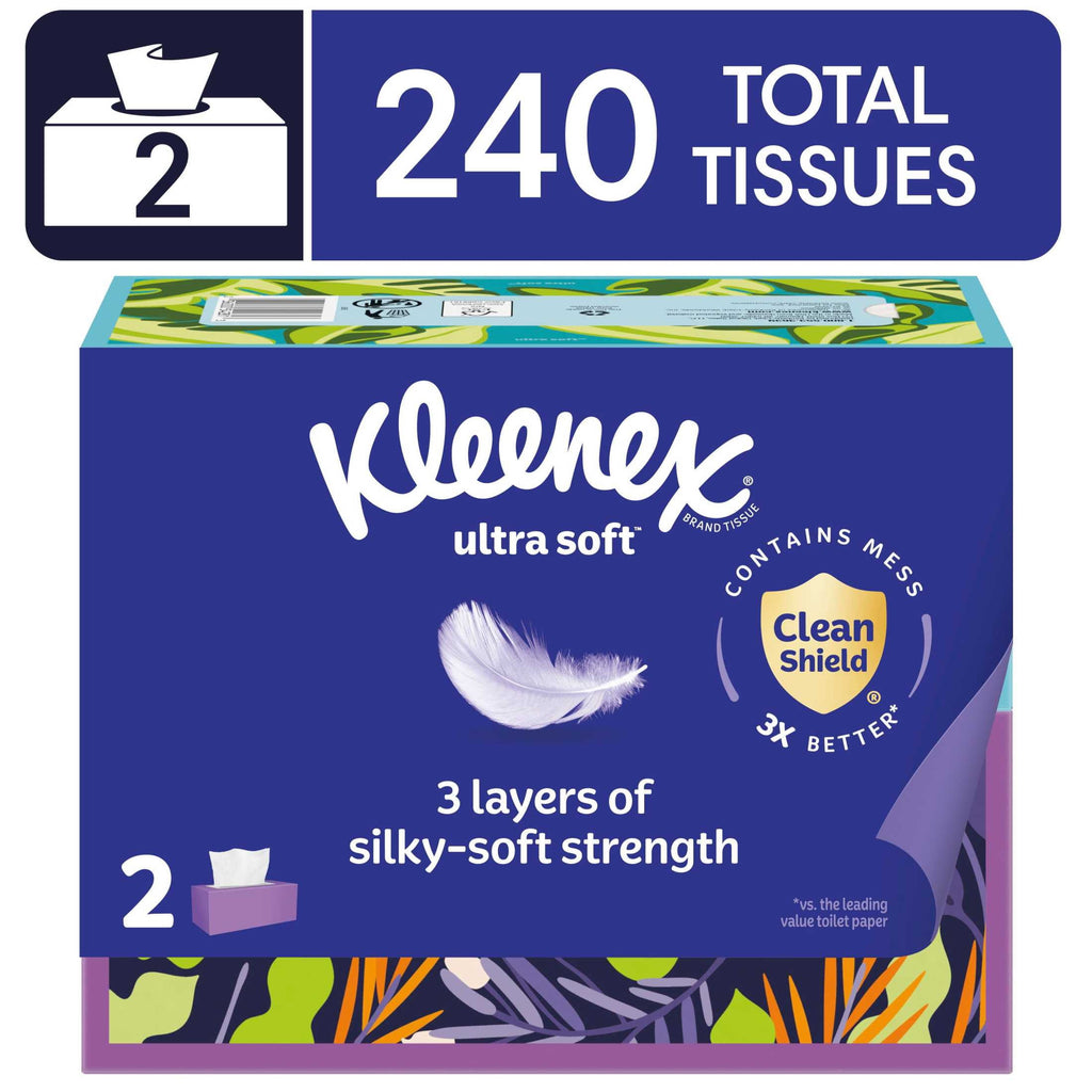 (4 pack) Kleenex Ultra Soft Facial Tissues, 2 Flat Boxes, 120 Tissues per Box, 3-Ply