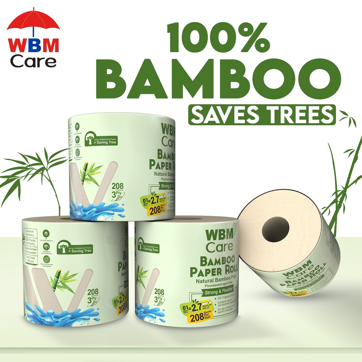 WBM Care Natural Bamboo Toilet Paper, 3-Ply, Unbleached, Tree-Free, 208 Sheets per Roll, 10 Rolls, Soft and Gentle Bath Tissue, Chemical-Free