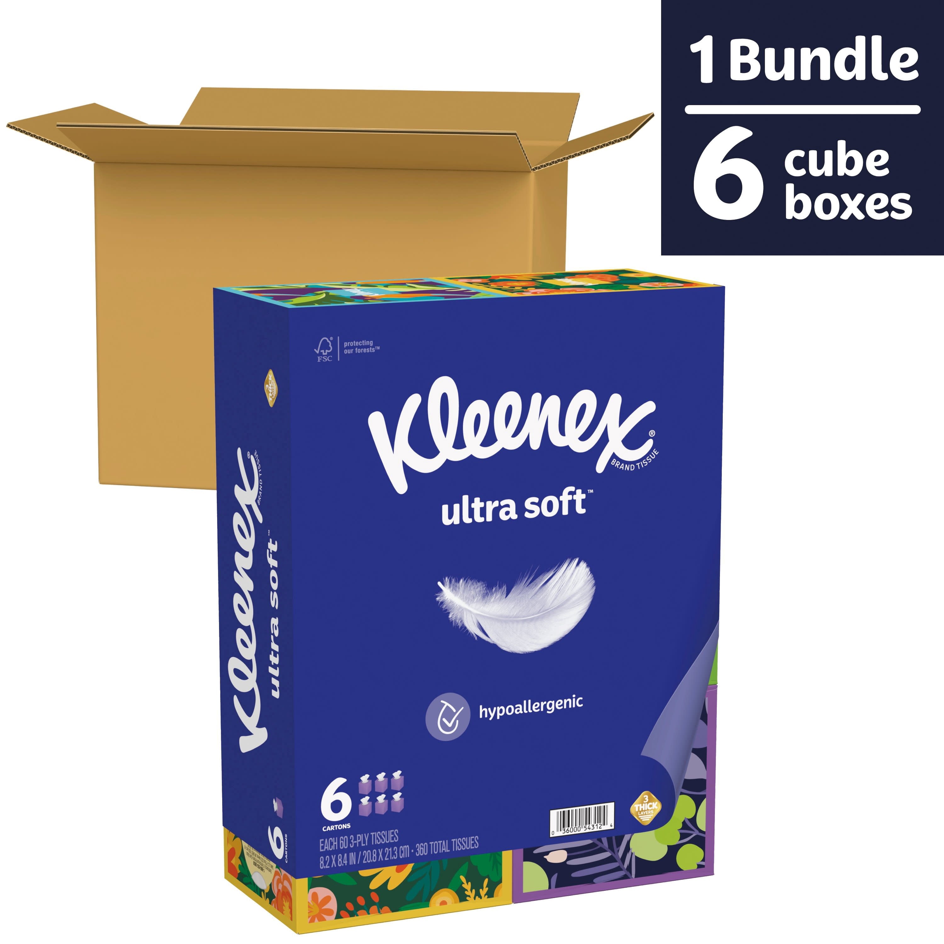 (3 pack) Kleenex Ultra Soft Facial Tissues, 6 Cube Boxes, 60 Tissues per Box, 3-Ply