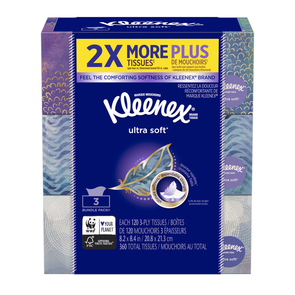 Kleenex Ultra Soft Facial Tissues, 3 Flat Boxes (360 Total Tissues)