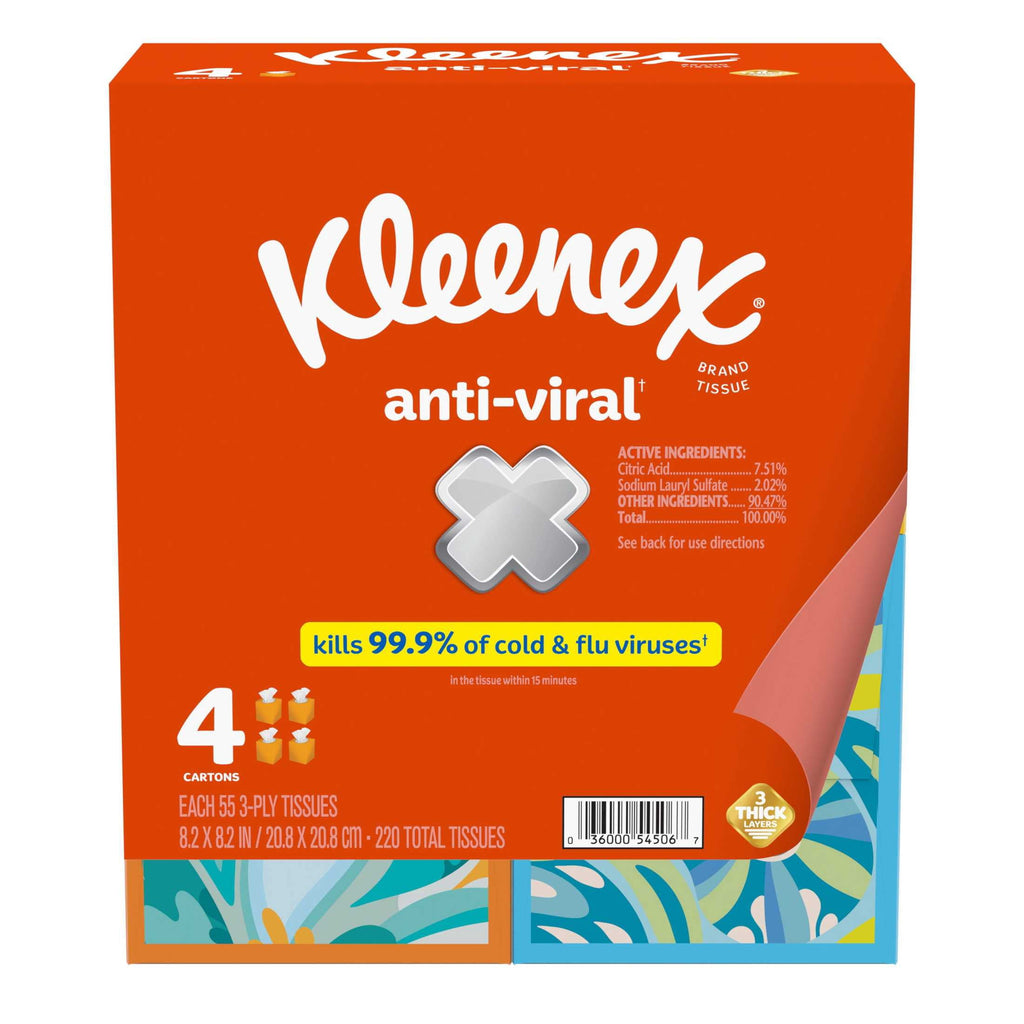 Kleenex Anti-Viral 3-Ply Facial Tissues Cube Box, 4 Pack, 220 Total Tissues