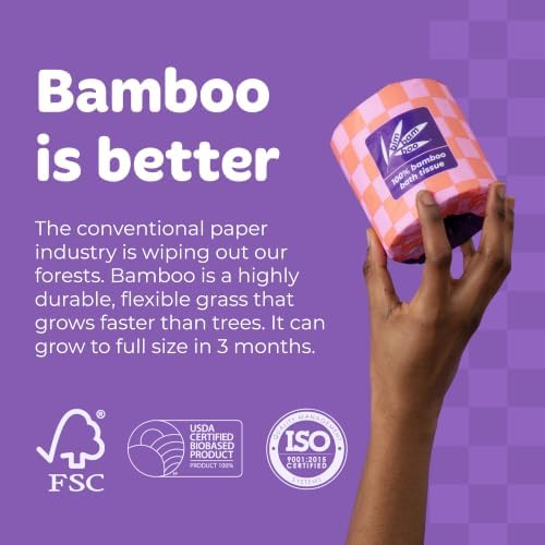 Bim Bam Boo 100% Bamboo Organic Chemical-Free Bulk Toilet Paper, Cloud-like Softness, Plant-Based Sustainable Tree-Free Bathroom Tissue, 24 Eco-Friendly Rolls, 2 Ply, 295 Sheets for RV and Camping