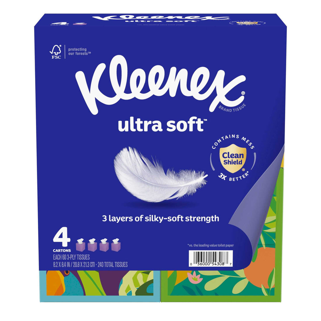 (8 pack) Kleenex Ultra Soft Facial Tissues, 4 Cube Boxes, 60 Tissues per Box, 3-Ply