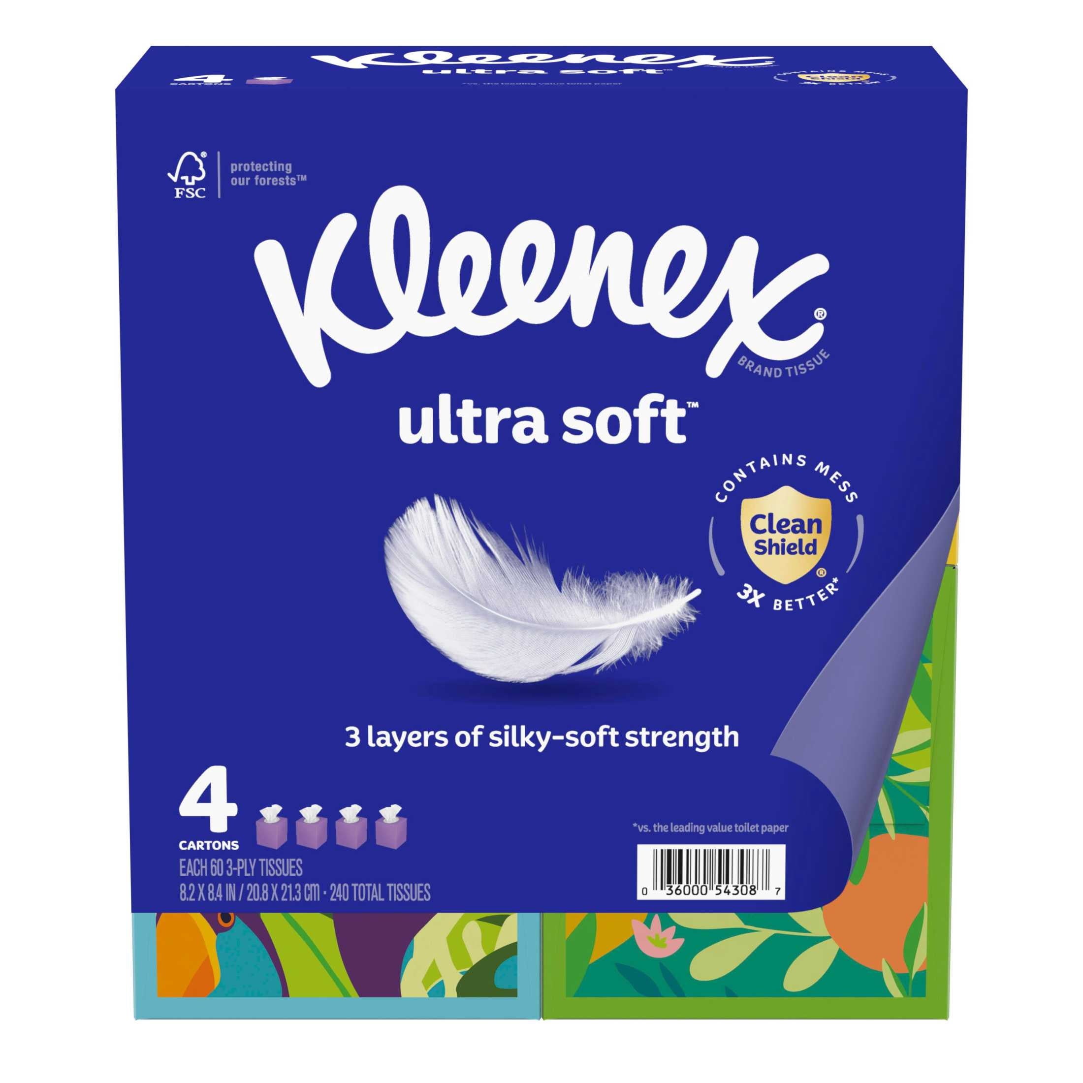 (8 pack) Kleenex Ultra Soft Facial Tissues, 4 Cube Boxes, 60 Tissues per Box, 3-Ply