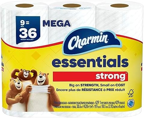 Charmin Essentials Strong Toilet Paper 6 Mega Rolls, 429 sheets per roll