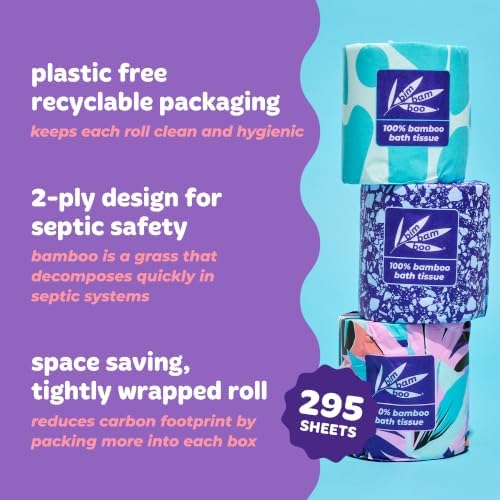 Bim Bam Boo 100% Bamboo Organic Chemical-Free Bulk Toilet Paper, Cloud-like Softness, Plant-Based Sustainable Tree-Free Bathroom Tissue, 24 Eco-Friendly Rolls, 2 Ply, 295 Sheets for RV and Camping