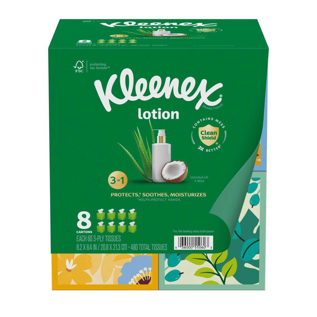 Kleenex Lotion Facial Tissues with Coconut Oil and Aloe, 3-Ply, 4 Pack, 240 Tissues