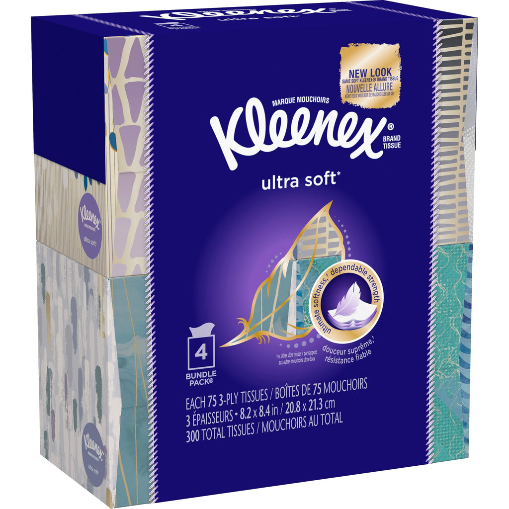 Kleenex Ultra Soft Facial Tissues, 4 Cube Boxes, 75 White Tissues per Box, 3-Ply (300 Total)