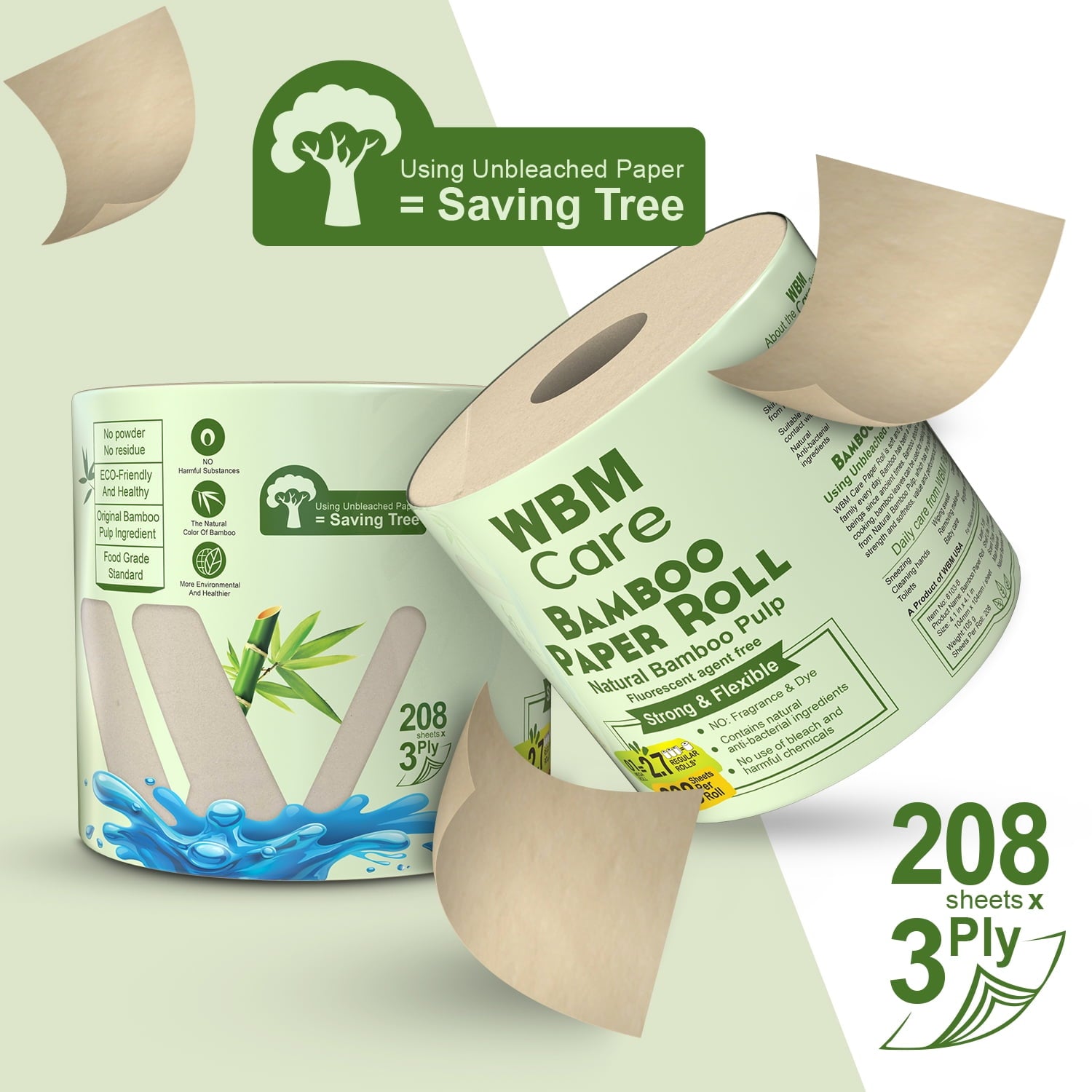 WBM Care Natural Bamboo Toilet Paper, 3-Ply, Unbleached, Tree-Free, 208 Sheets per Roll, 10 Rolls, Soft and Gentle Bath Tissue, Chemical-Free