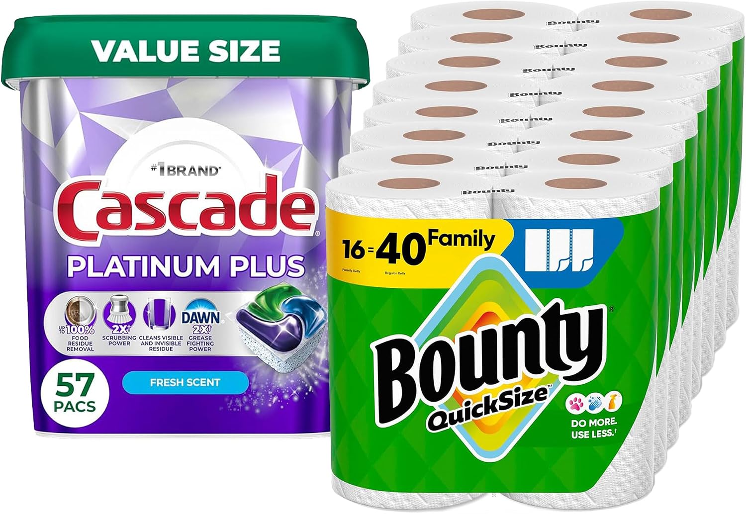 Bounty Paper Towels Quick Size, White, 16 Family Rolls = 40 Regular Rolls (Packaging May Vary) + Cascade Platinum Plus Dishwasher Pods, Dishwasher Detergent, Dish Detergent Soap, Fresh, 57 Count