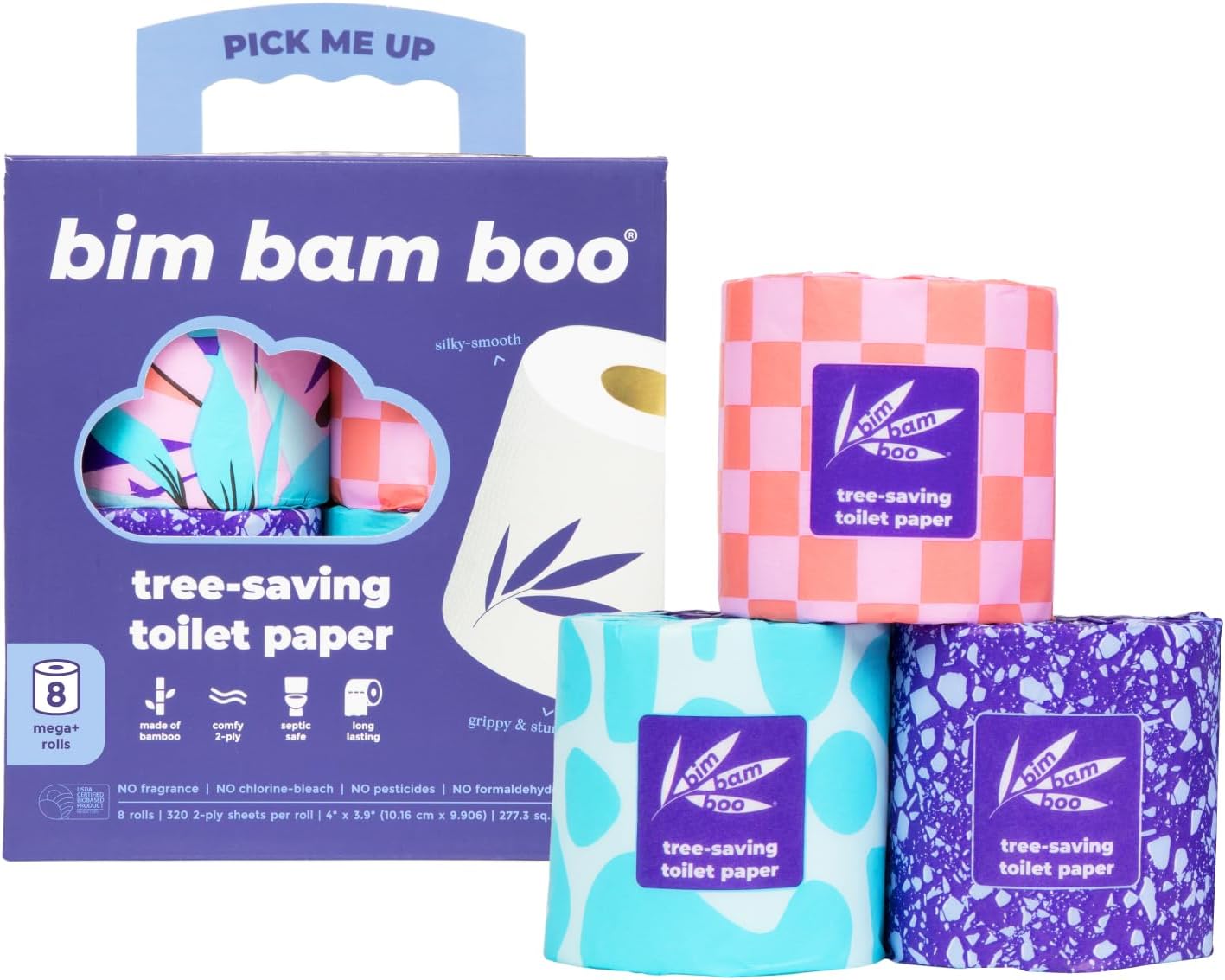 Bim Bam Boo Bamboo Toilet Paper 2 Ply - Sustainable Toilet Tissue - 8 Double Rolls, 320 Sheets Per Roll - Septic Safe - Plastic Free