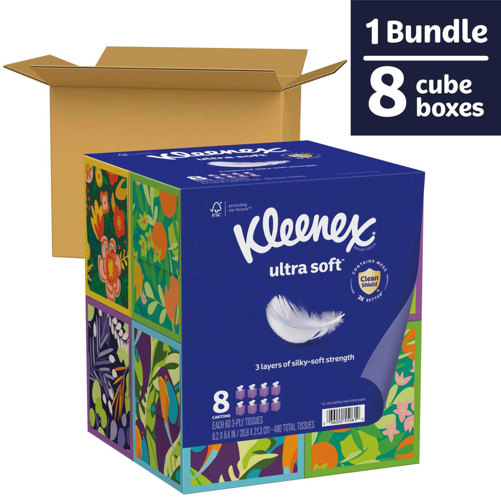 Kleenex Ultra Soft Facial Tissues, 4 Cube Boxes, 60 Tissues per Box, 3-Ply