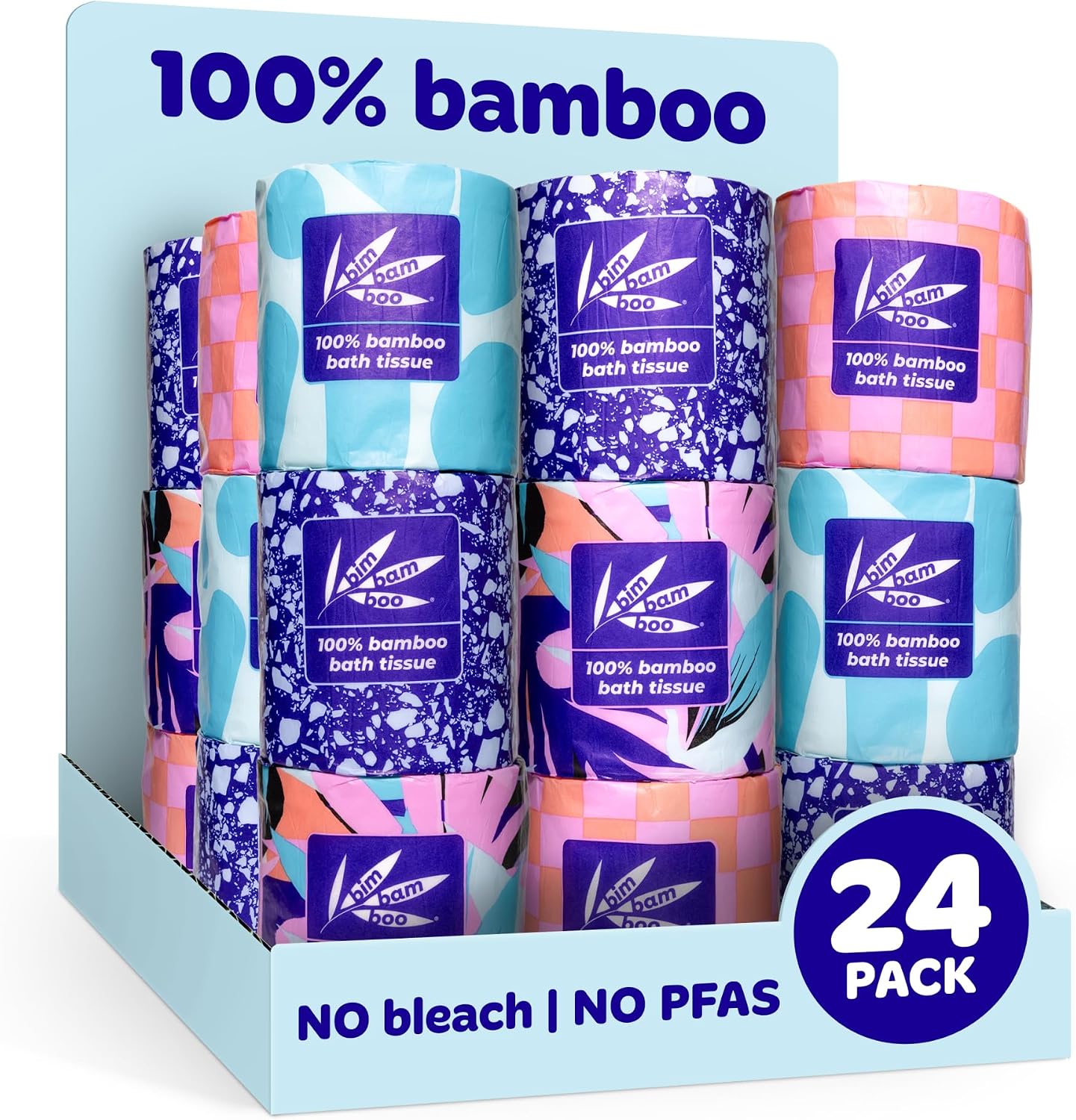 Bim Bam Boo 100% Bamboo Organic Chemical-Free Bulk Toilet Paper, Cloud-like Softness, Plant-Based Sustainable Tree-Free Bathroom Tissue, 24 Eco-Friendly Rolls, 2 Ply, 295 Sheets for RV and Camping