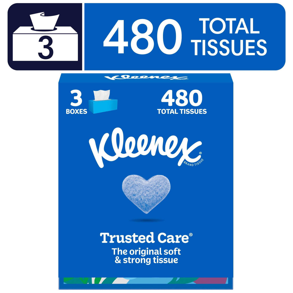 Kleenex Trusted Care 2-Ply Flat Box Facial Tissues, 3 Pack (480 Total Tissues)