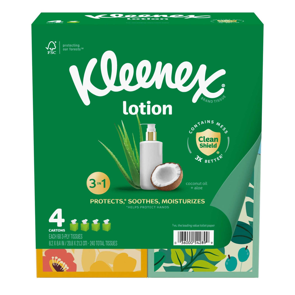 (8 pack) Kleenex Lotion Facial Tissues with Coconut Oil, 4 Cube Boxes, 60 Tissues per Box, 3-Ply