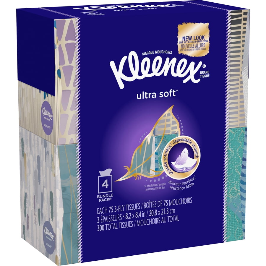 Kleenex Ultra Soft Facial Tissues, 4 Cube Boxes, 75 White Tissues per Box, 3-Ply (300 Total)