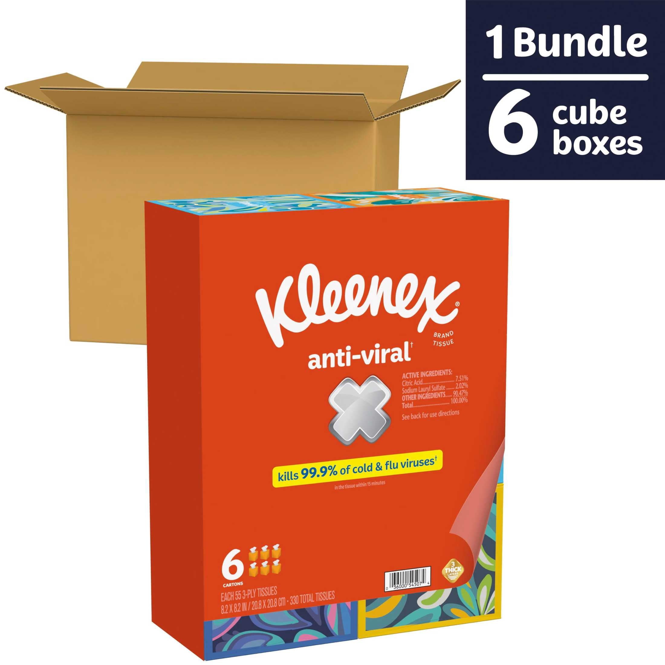 Kleenex Anti-Viral 3-Ply Facial Tissues Cube Box, 4 Pack, 220 Total Tissues