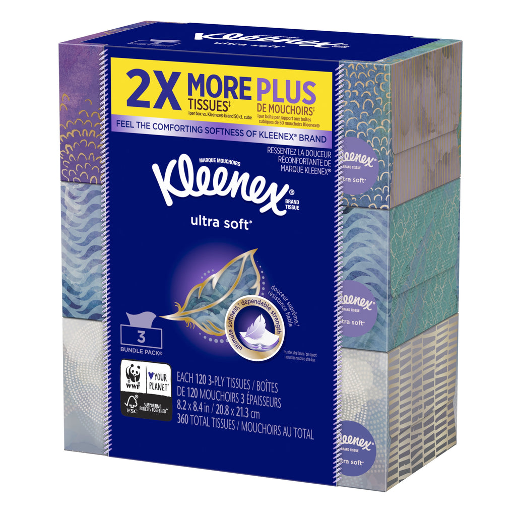 Kleenex Ultra Soft Facial Tissues, 3 Flat Boxes (360 Total Tissues)