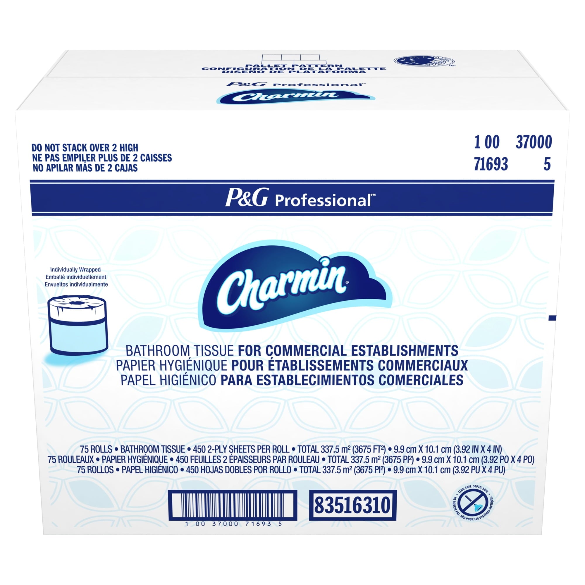 Commercial Bathroom Tissue Septic Safe, 2-Ply, White, 450 Sheets/Roll, 75/Carton