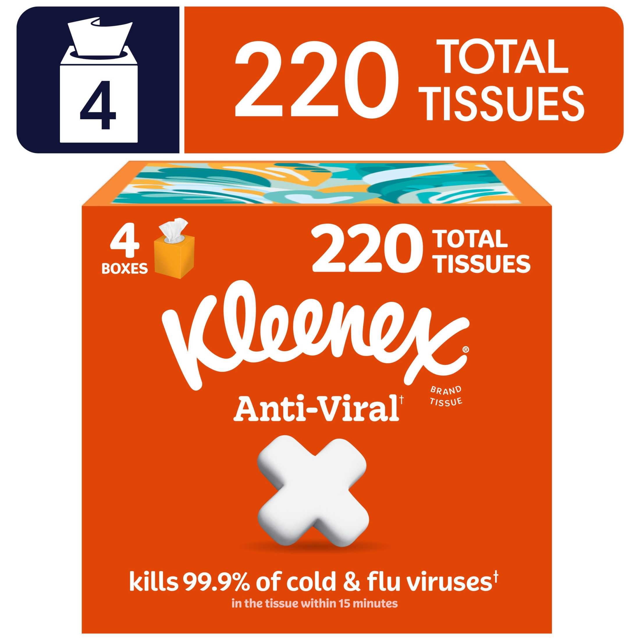 Kleenex Anti-Viral 3-Ply Facial Tissues Cube Box, 4 Pack, 220 Total Tissues