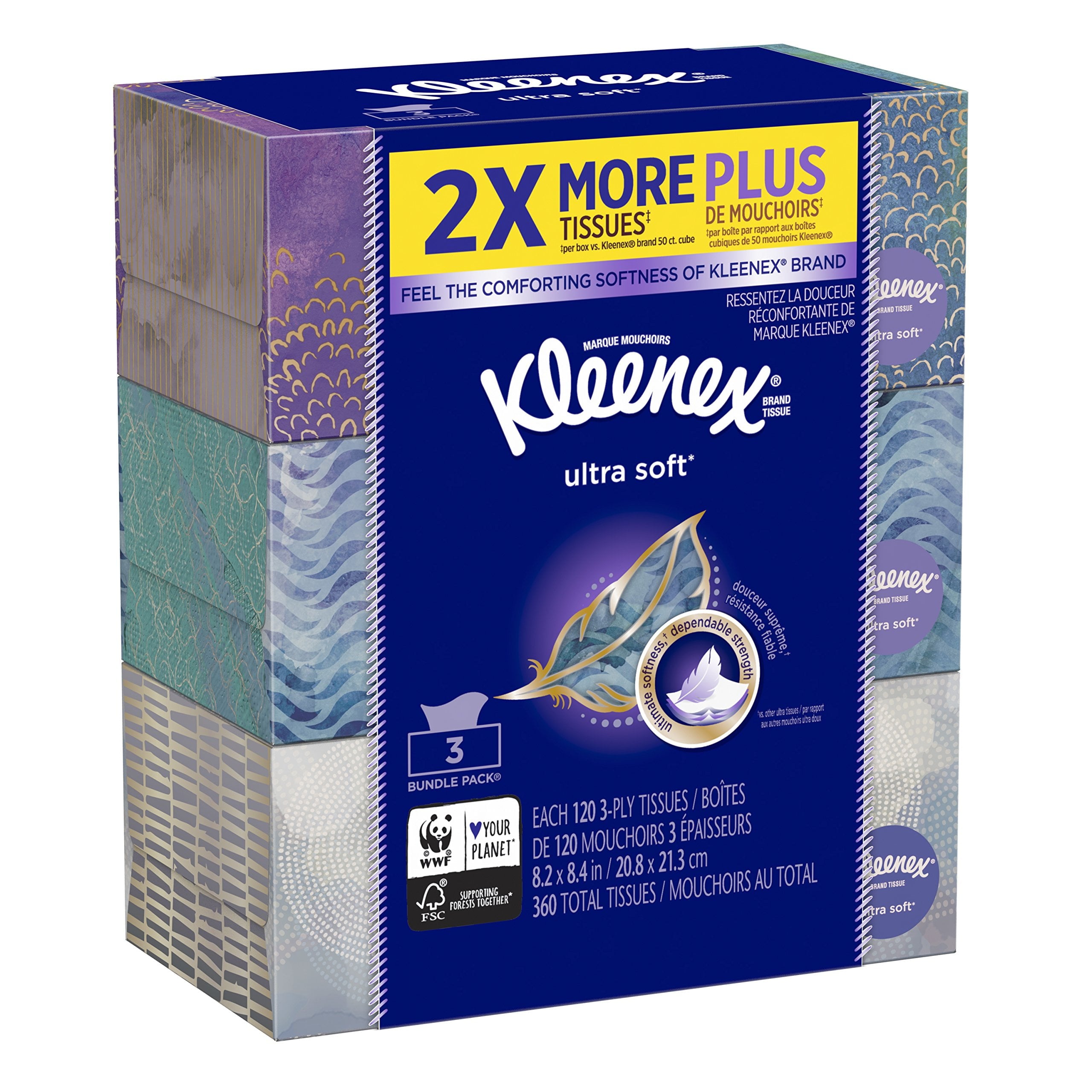 Kleenex Ultra Soft & Strong Facial Tissues, 120 Tissues Per Flat Box, 3 Pack