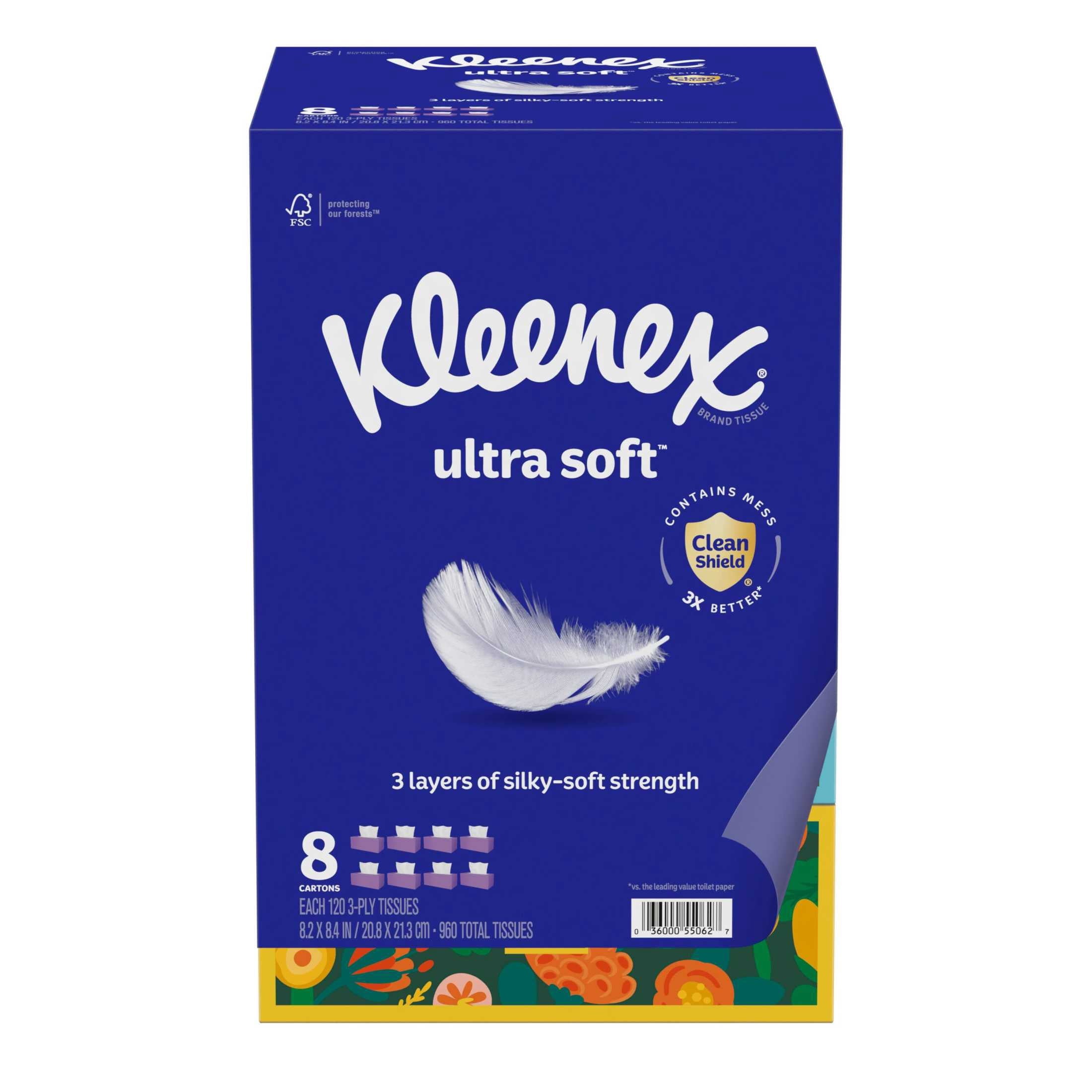 Kleenex Ultra Soft 3-Ply Flat Box Facial Tissues, 4 Pack (480 Total Tissues)