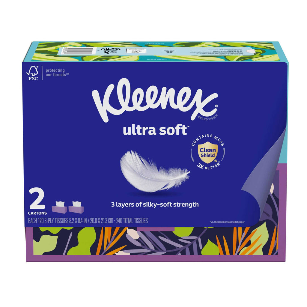 (4 pack) Kleenex Ultra Soft Facial Tissues, 2 Flat Boxes, 120 Tissues per Box, 3-Ply