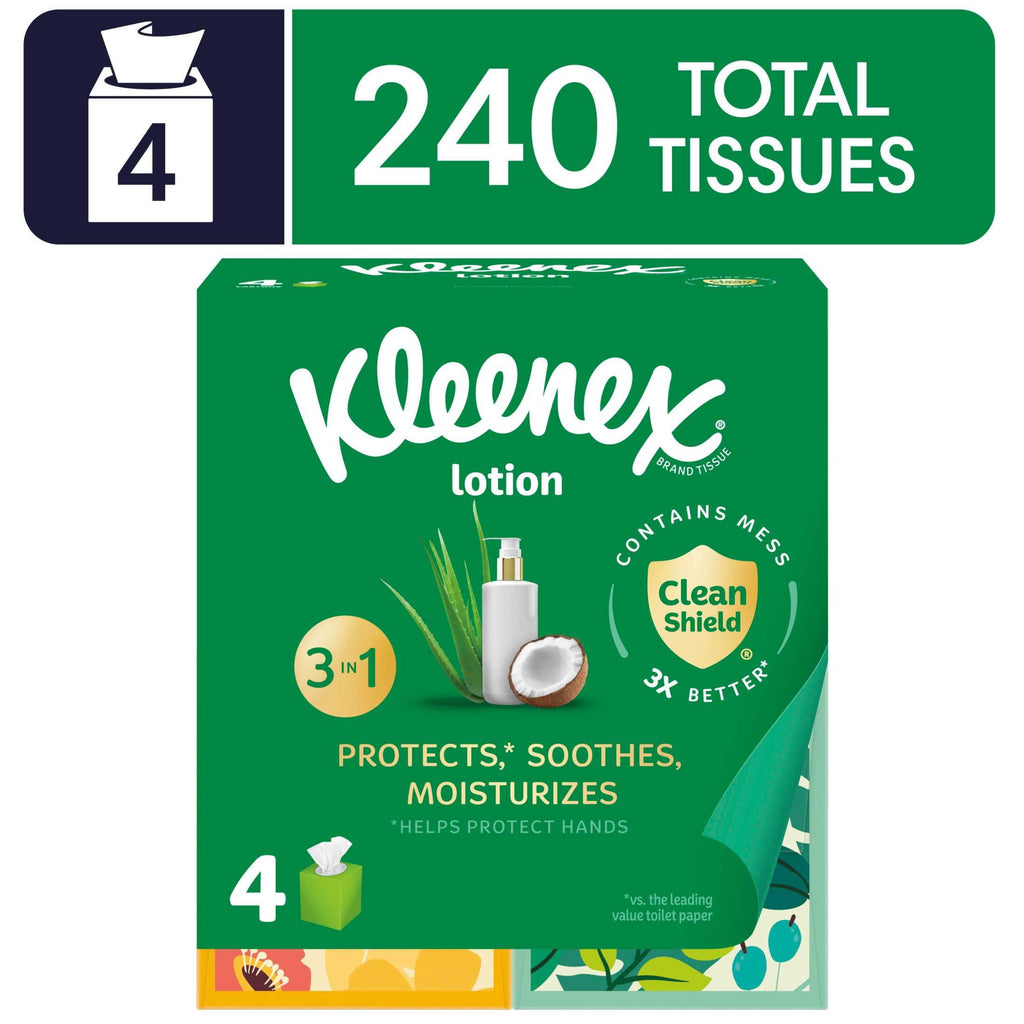 (8 pack) Kleenex Lotion Facial Tissues with Coconut Oil, 4 Cube Boxes, 60 Tissues per Box, 3-Ply