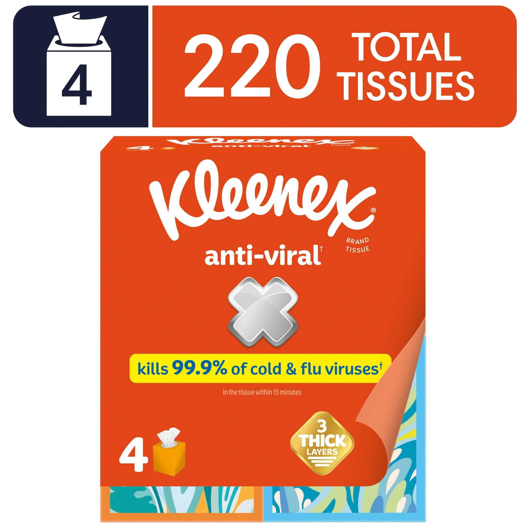 Kleenex Anti-Viral 3-Ply Facial Tissues Cube Box, 4 Pack, 220 Total Tissues