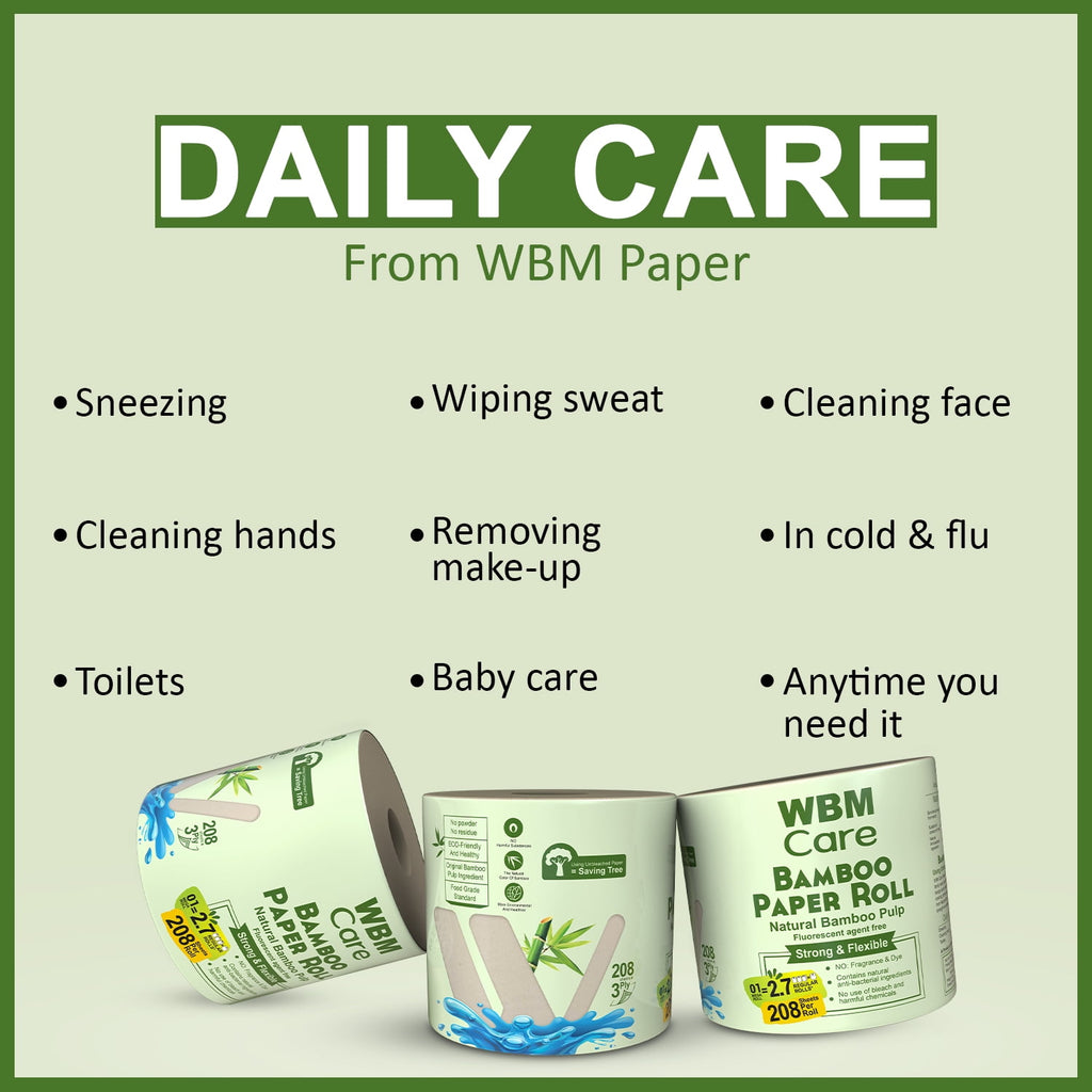 WBM Care Natural Bamboo Toilet Paper, 3-Ply, Unbleached, Tree-Free, 208 Sheets per Roll, 10 Rolls, Soft and Gentle Bath Tissue, Chemical-Free