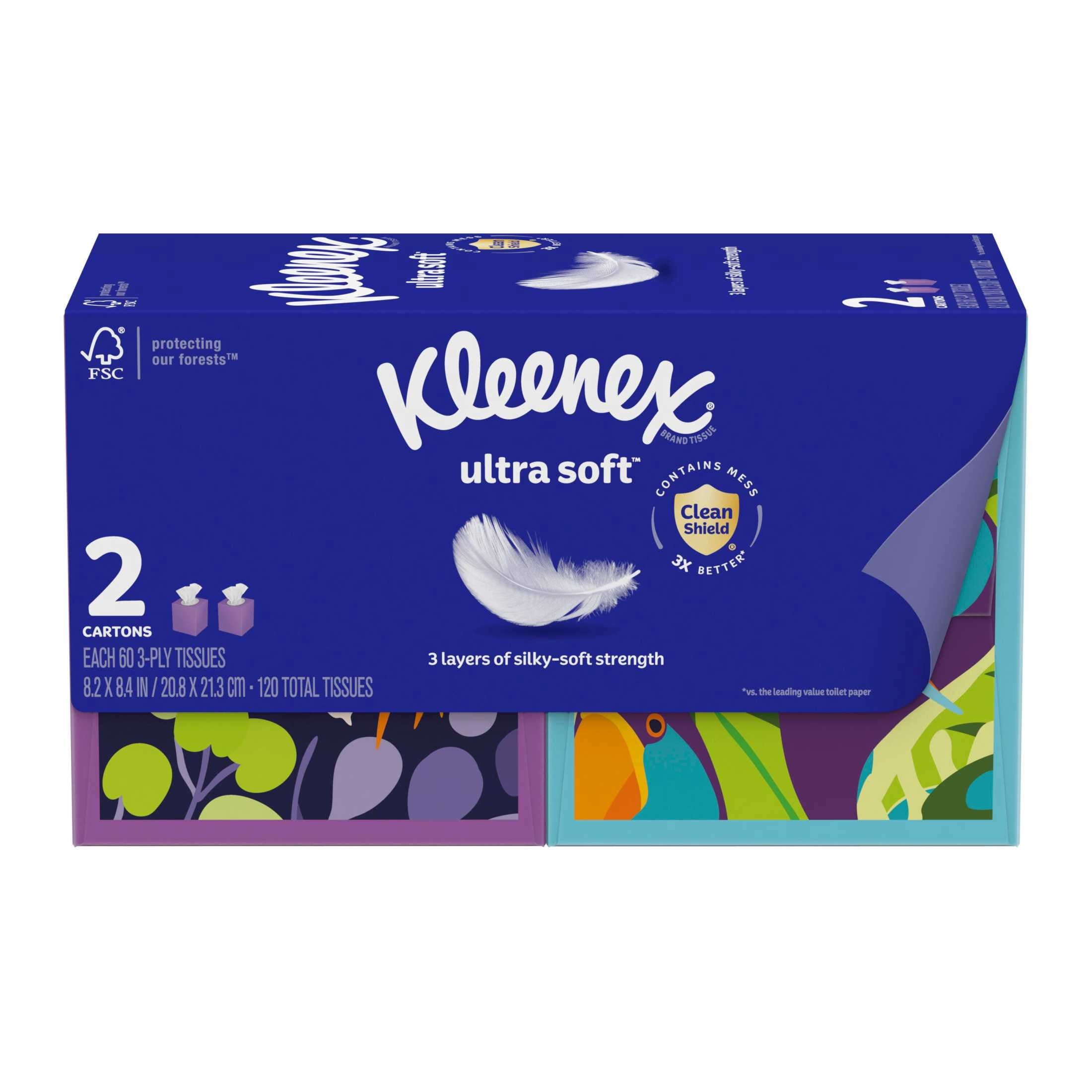Kleenex Ultra Soft Facial Tissues, 2 Cube Boxes, 60 Tissues per Box, 3-Ply