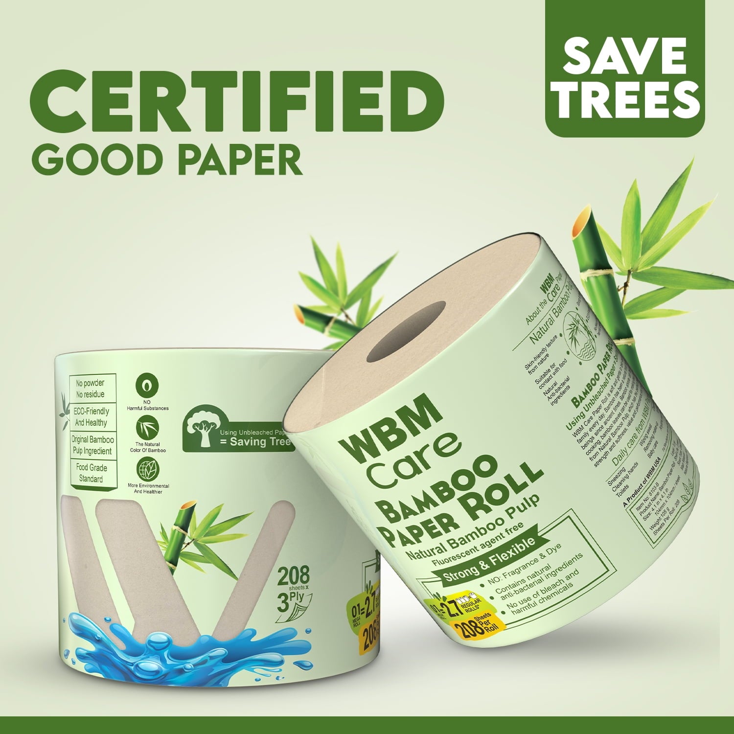 WBM Care Natural Bamboo Toilet Paper, 3-Ply, Unbleached, Tree-Free, 208 Sheets per Roll, 10 Rolls, Soft and Gentle Bath Tissue, Chemical-Free