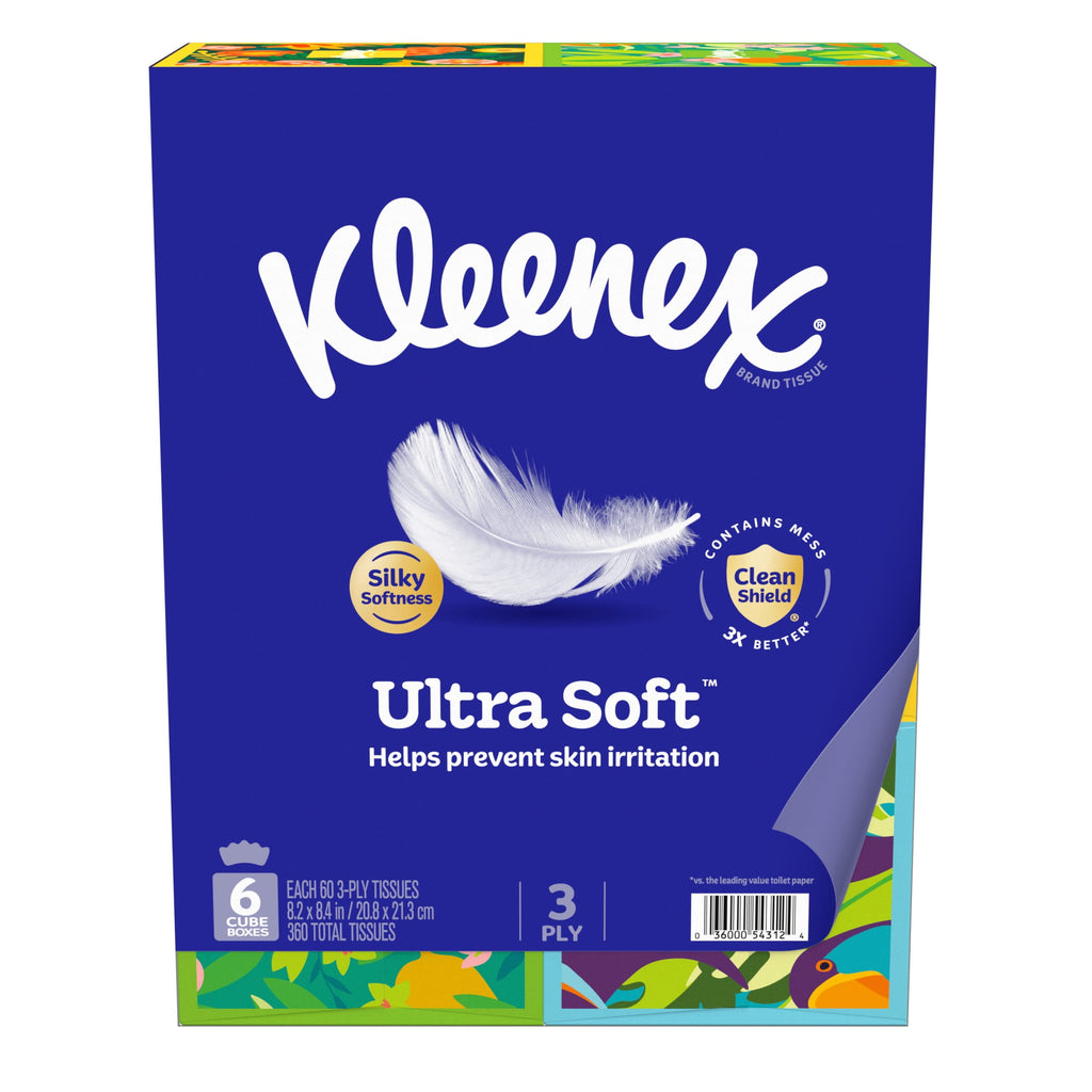 (3 pack) Kleenex Ultra Soft Facial Tissues, 6 Cube Boxes, 60 Tissues per Box, 3-Ply