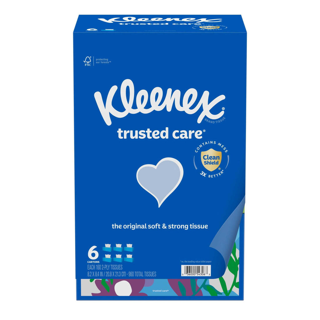 Kleenex Trusted Care 2-Ply Flat Box Facial Tissues, 6 Pack (960 Total Tissues)