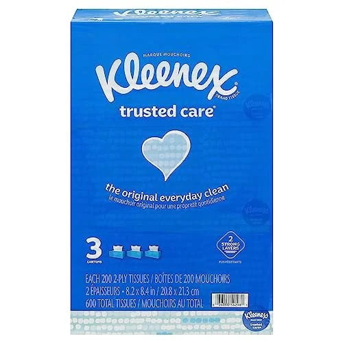 Kleenex Trusted Care Facial Tissues, 3 Flat Boxes, 200 Tissues per Box, 2-Ply (600 Total Tissues)