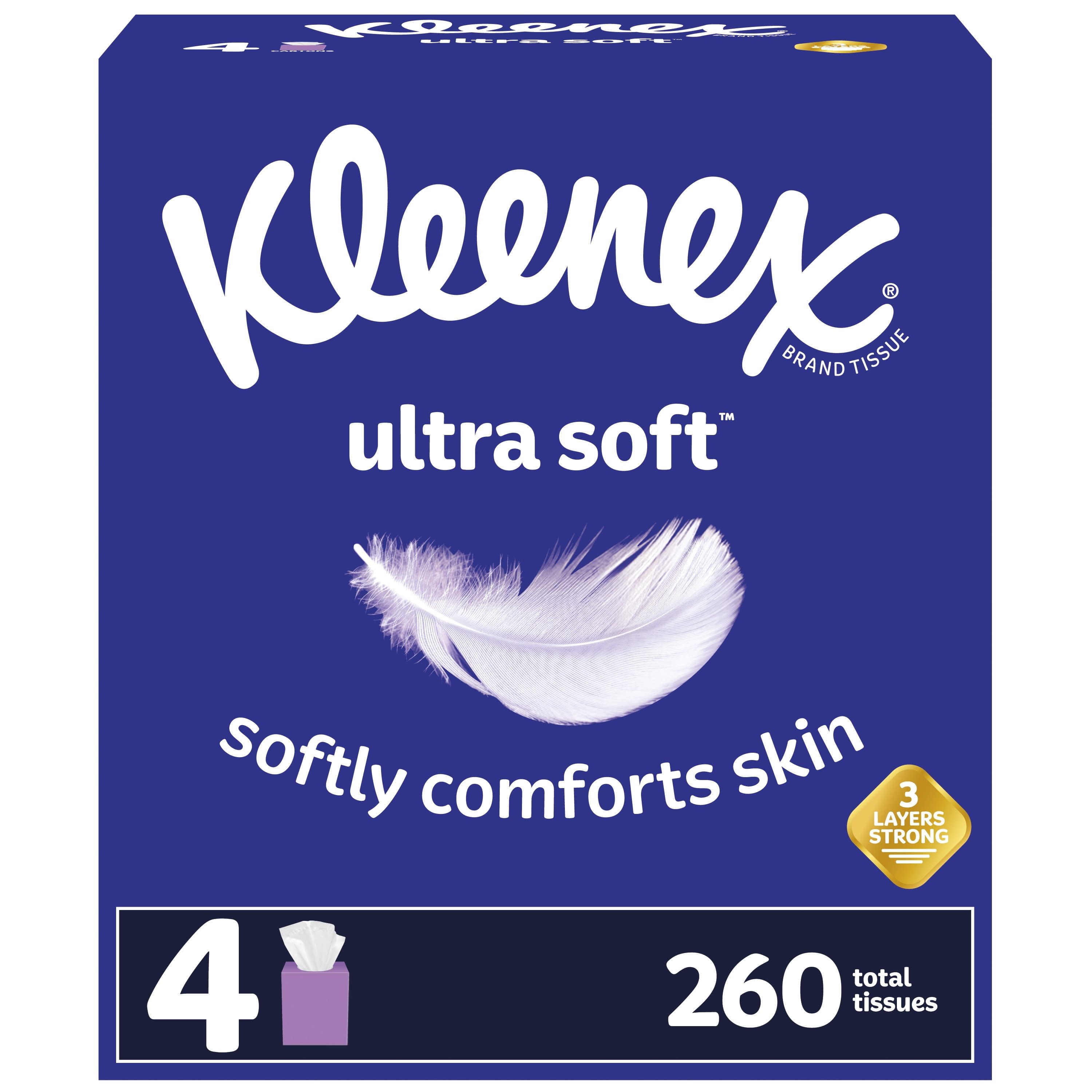 Kleenex Ultra Soft Facial Tissues, 4 Cube Boxes, 65 White Tissues per Box, 3-Ply (260 Total)