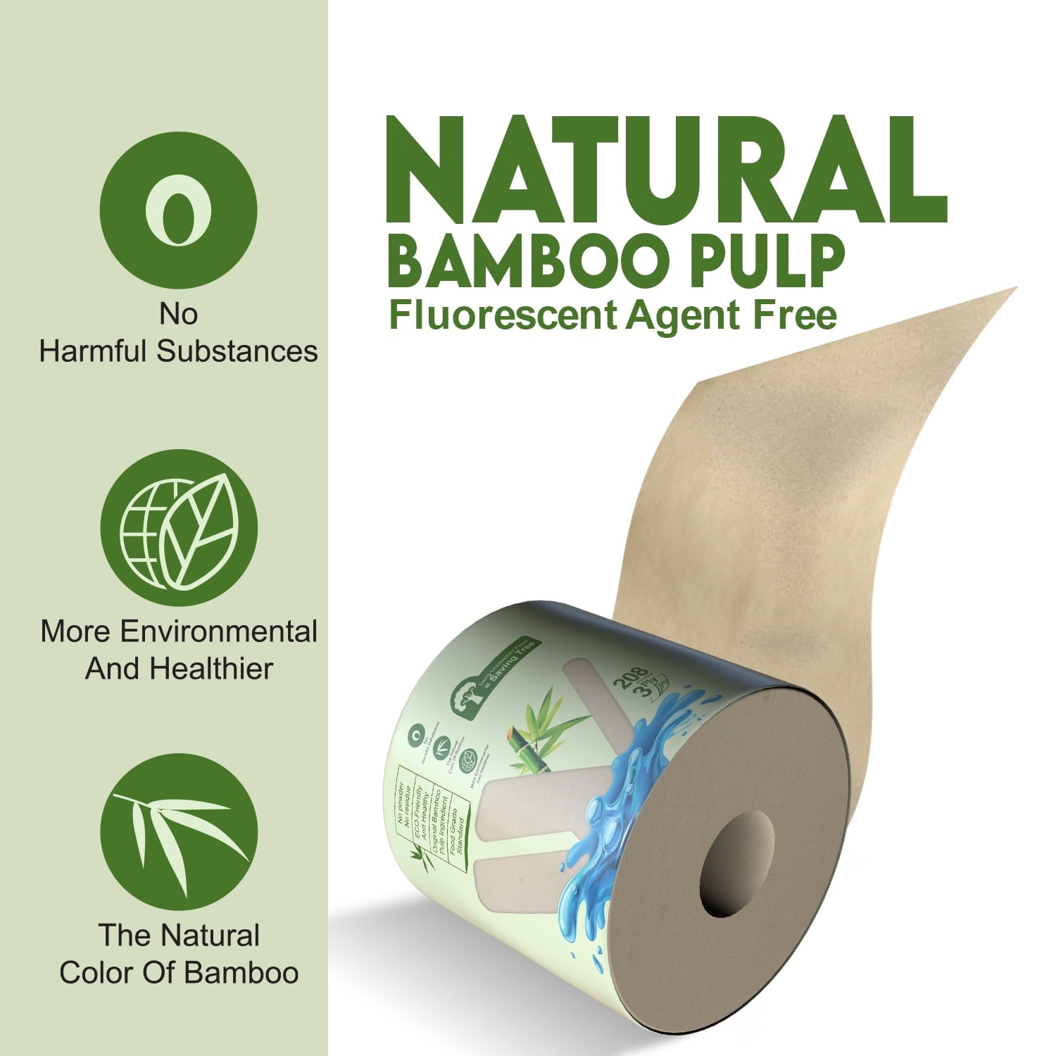 WBM Care Natural Bamboo Toilet Paper, 3-Ply, Unbleached, Tree-Free, 208 Sheets per Roll, 10 Rolls, Soft and Gentle Bath Tissue, Chemical-Free