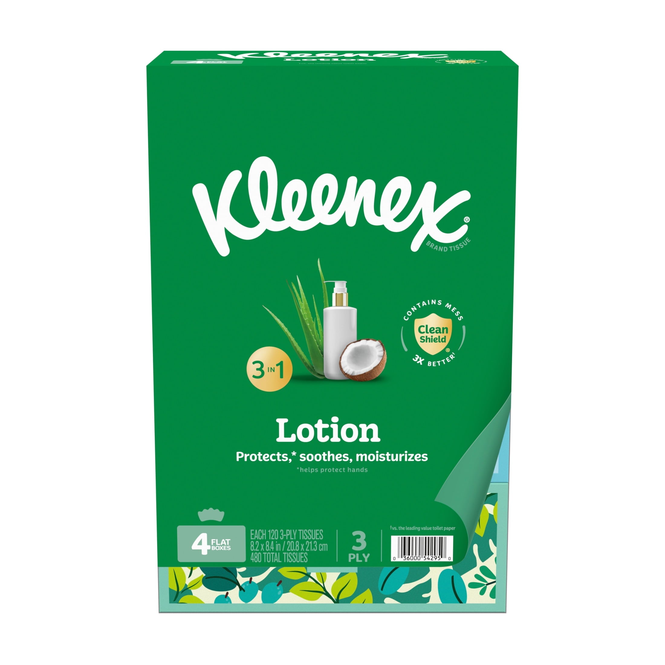 Kleenex Lotion with Coconut Oil and Aloe 3-Ply Facial Tissues, 4 Pack, 480 Tissues