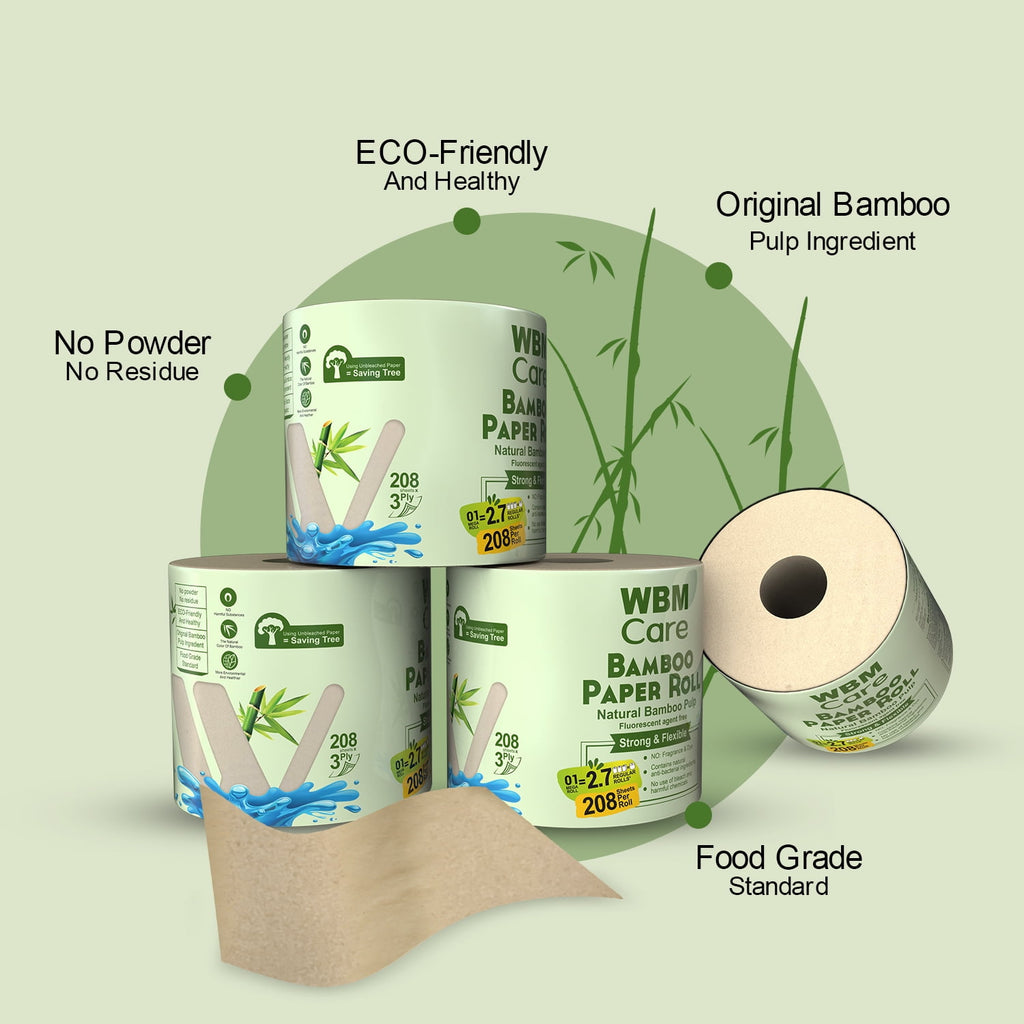 WBM Care Natural Bamboo Toilet Paper, 3-Ply, Unbleached, Tree-Free, 208 Sheets per Roll, 10 Rolls, Soft and Gentle Bath Tissue, Chemical-Free