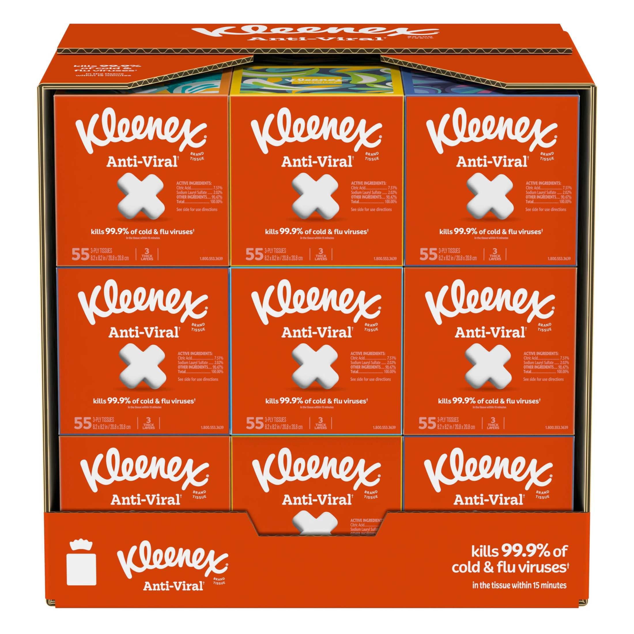 Kleenex Anti-Viral 3-Ply Facial Tissues Cube Box, 4 Pack, 220 Total Tissues