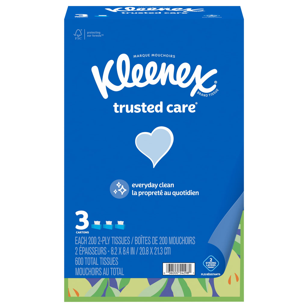 Kleenex Trusted Care Facial Tissues, 3 Flat Boxes, 200 Tissues per Box, 2-Ply (600 Total Tissues)